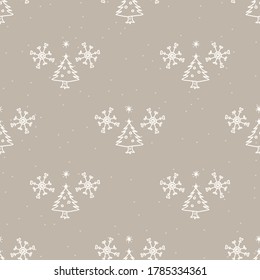 Seamless christmas tree and snowflake holiday background. Fir sprig spruce monochrome pattern texture. Scandi festive christmas motif background. Stylish modern seasonal gift wrapping paper.