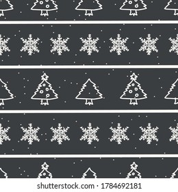 Árbol de navidad sin foco con fondo de vacaciones de rayas de copo de nieve. Textura de patrón monocromo de abeto de broche. Antecedentes de la navidad festiva escandi. Papel moderno y elegante de regalo de temporada.