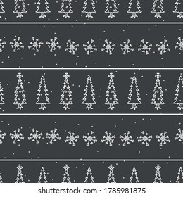 Seamless christmas tree snowflake stripe holiday background. Fir sprig spruce monochrome pattern texture. Scandi festive christmas motif background. Stylish modern seasonal gift wrapping paper.