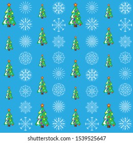 Seamless Christmas tree and snowflakes pattern on a light blue background