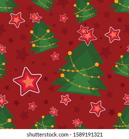 Seamless Christmas tree with star  pattern for textile, packaging, wrapping paper and wallpaper. 