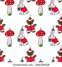 seamless christmas tree toys pattern. Gift endless paper. scrapbooking idea. kraft seamless pattern for gift. mushrooms and bunnies seamless vector pattern.