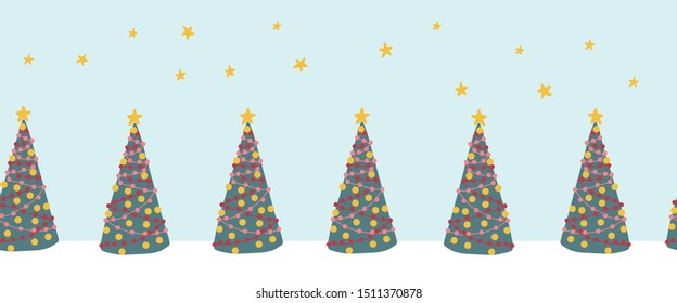 Seamless Christmas tree vector border hand drawn. Decorative repeating Winter holiday design for Christmas decoration, banners, ribbons, greeting cards, digital scrapbooking