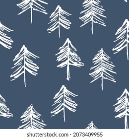 Seamless Christmas trees blued tree doodle on beige white background. Elegant design for Christmas, New Year, gift wrap, party invitation, card