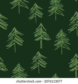 Seamless Christmas trees green tree doodle on blcak background. Elegant design for Christmas, New Year, gift wrap, party invitation, card
