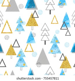 Seamless Christmas trees pattern in retro style. Vector holiday background in golden and blue colors.