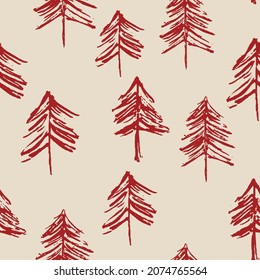 Seamless Christmas trees red tree doodle on beige white background. Elegant design for Christmas, New Year, gift wrap, party invitation, card