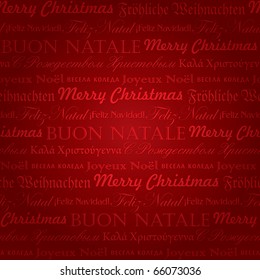 Seamless Christmas typography pattern, vector illustration. Seasonal greetings in English, German, French, Italian, Spanish, Portuguese, Greek, Russian, Bulgarian. Festive background for your design.