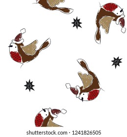 Seamless Christmas vector background with birds in the funny hats and snowflakes.