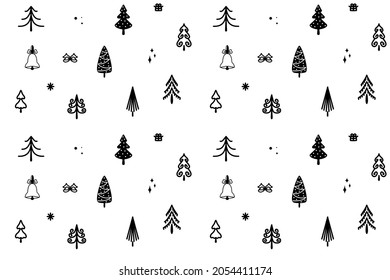 Seamless Christmas vector background with black elements on white. Christmas trees, gift, snowflake, bell, bow, stars. New year design element