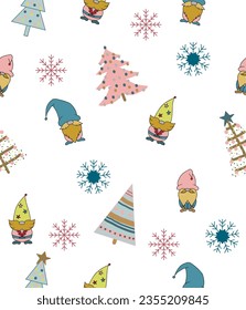 Seamless Christmas vector background. Cute gnomes, snowflakes, Christmas trees, stars and gifts. For printing on wrapping paper, fabric, wallpaper.