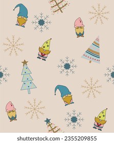 Seamless Christmas vector background. Cute gnomes, snowflakes, Christmas trees, stars and gifts. For printing on wrapping paper, fabric, wallpaper.