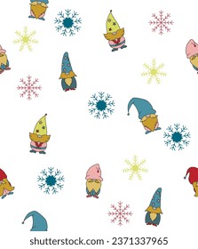 Seamless Christmas vector background. Cute gnomes, snowflakes, Christmas trees, stars and gifts. For printing on wrapping paper, fabric, wallpaper