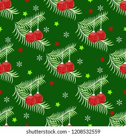 Seamless christmas vector background illustration. Christmas balls on a branch