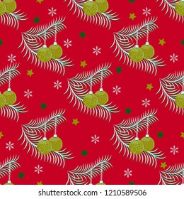 Seamless christmas vector background illustration. Christmas balls on a branch