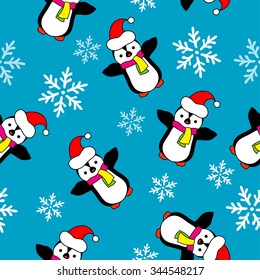 Seamless Christmas vector background with ornamental snowflakes and penguins