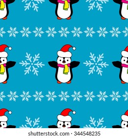 Seamless Christmas vector background with ornamental snowflakes and penguins