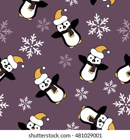 Seamless Christmas vector background with snowflakes and penguins. Print. Cloth design, wallpaper.
