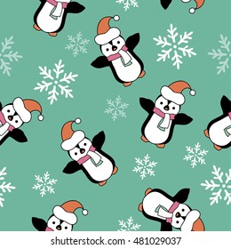 Seamless Christmas vector background with snowflakes and penguins. Print. Cloth design, wallpaper.