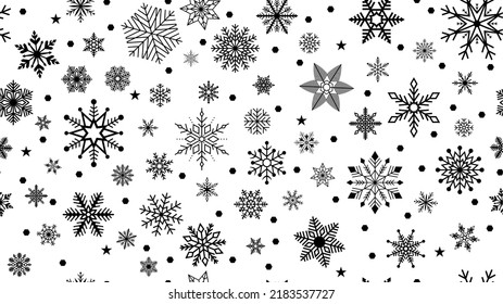 Seamless Christmas vector with black snowflakes and stars. White background.
Seamless on all four sides. Unlimited size possible.