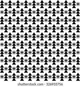 Seamless Christmas vector black and white background with decorative snowflakes and trees