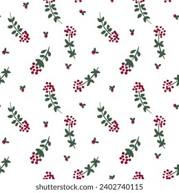 Seamless Christmas vector botanical repeat pattern with tossed ditsy green branches and deep red berries on white. 