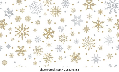Seamless Christmas vector with gold and silver snowflakes. White background.
Seamless on all four sides. Unlimited size possible.