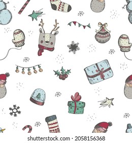 Seamless Christmas vector hand drown pattern. Holiday decorations. Seamless Christmas and New Year pattern. Warm crocheted winter mittens and various sweets.