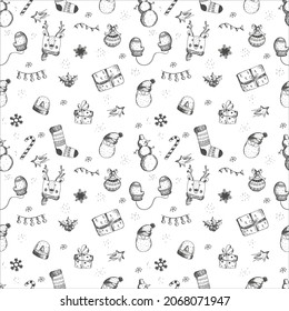 Seamless Christmas vector hand drown pattern. Holiday decorations. Seamless Christmas and New Year pattern. Warm crocheted winter mittens and various sweets.