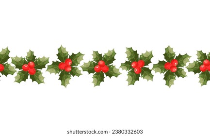 Seamless Christmas vector holiday border, frame. Xmas nature design border poinsettia  isolated on white. Red holly berry. New Year's symbols. For celebration banners, headers, posters. 