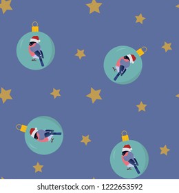 Seamless Christmas vector illustration with Christmas balls and bullfinches on the purple background. For decoration of textiles, packaging, web design.