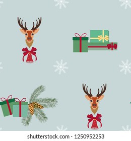 Seamless Christmas vector illustration with a deer, gifts and a fir branch on a gray background. For decorating textiles, packaging, web design.