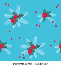 Seamless Christmas vector illustration with fir branches and holly berries on a blue background. For decoration of textiles, packaging and web design.