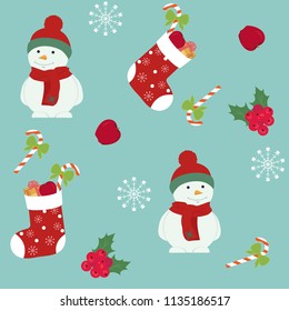 Seamless Christmas vector illustration. A snowman, a sock with gifts, a Christmas cane with a green background. For decoration of textiles, packaging and web design.