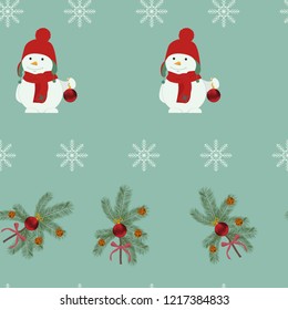 Seamless christmas vector illustration. Snowman in a hat and scarf, tree, balls. For decoration of textiles, packaging, web design.