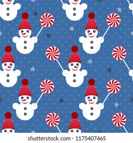 Seamless Christmas vector illustration. Snowmen, Christmas candies