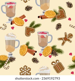 Seamless, Christmas vector illustration with spruce branch, cinnamon, orange, berries,gingerbread on a beige background. For decorating textiles, packaging.