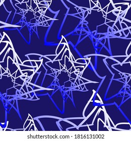 Seamless Christmas vector pattern. Abstract stars randomly superimposed on each other. Linear elements with a gradient blue and white fill on a blue background.