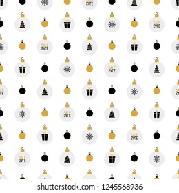 Seamless Christmas vector pattern. Christmas balls with Christmas tree, gifts, snowflakes and inscription SALE