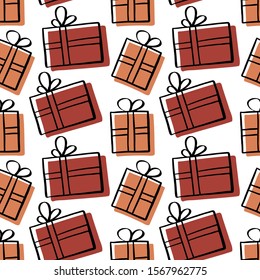 Seamless Christmas vector pattern. Black contoured giftboxes with red and beige shadows isolated on white background. Festive illustration. Cute doodle art. Perfect for wallpaper or fabric.