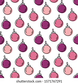 Seamless Christmas vector pattern. Black contoured christmas balls with pink and purple shadows isolated on white background. Festive illustration. Cute doodle art. Perfect for wallpaper or fabric.