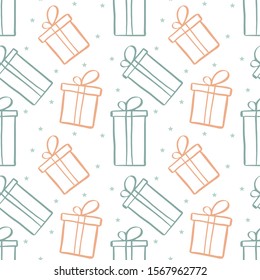 Seamless Christmas vector pattern. Blue and pink contoured giftboxes isolated on white background. Blue stars. Festive illustration. Cute doodle art. Perfect for wallpaper or fabric.