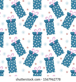 Seamless Christmas vector pattern. Blue giftboxes with pink bows isolated on white background. Beige dots. Pink stars and blue snowflakes. Festive illustration. Perfect for wallpaper or fabric.