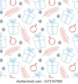 Seamless Christmas vector pattern. Blue giftboxes, pink pine branches, red christmas balls and blue snowflakes isolated on white background. Festive illustration. Perfect for wallpaper or fabric.