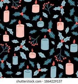 Seamless Christmas vector pattern with candles and mistletoe. New Year decoration