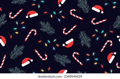 Patrón vectorial navideño sin foco con bastones de caramelo, sombrero de Santa y guirnaldas navideñas coloridas sobre fondo azul oscuro.