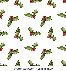 Seamless Christmas vector pattern. Cartoon hand drawn holly berry on white background. Doodle flat illustration for textile, wallpaper, wrapping paper. Colored holiday symbol