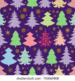 Seamless Christmas vector pattern with colorful fir-trees and snowflakes