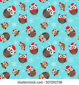 Seamless Christmas vector pattern with cute owls