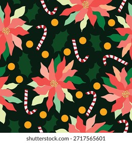 Padrão de vetor de Natal sem costura com flores festivas, bengalas doces e bolas de ouro decorativas. Ideal para embrulho de férias, cartões de saudação, têxteis, fundos digitais, e projetos de design sazonal, scrapbooking, estacionário, artesanato de férias.